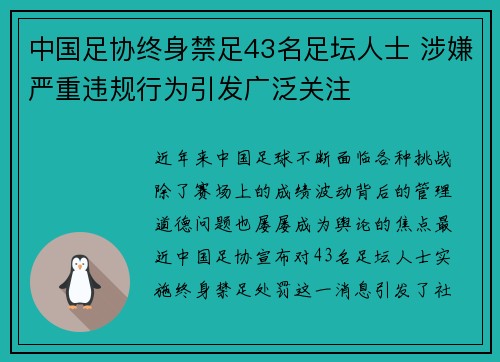 中国足协终身禁足43名足坛人士 涉嫌严重违规行为引发广泛关注 中国足协终身禁足43名足坛人士 涉嫌严重违规行为引发广泛关注